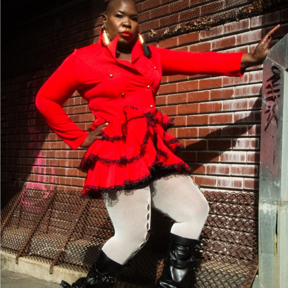 Red Double-Breasted Jacket with Black Lace Trim